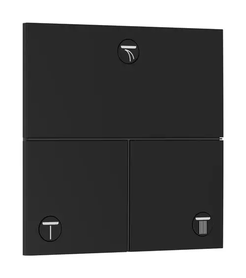 Hansgrohe Bedienpanel in mattschwarzem Design mit vier Bedienelementen für Dusch- und Badewassermanagement. Enthält Symbole für verschiedene Verbraucher.